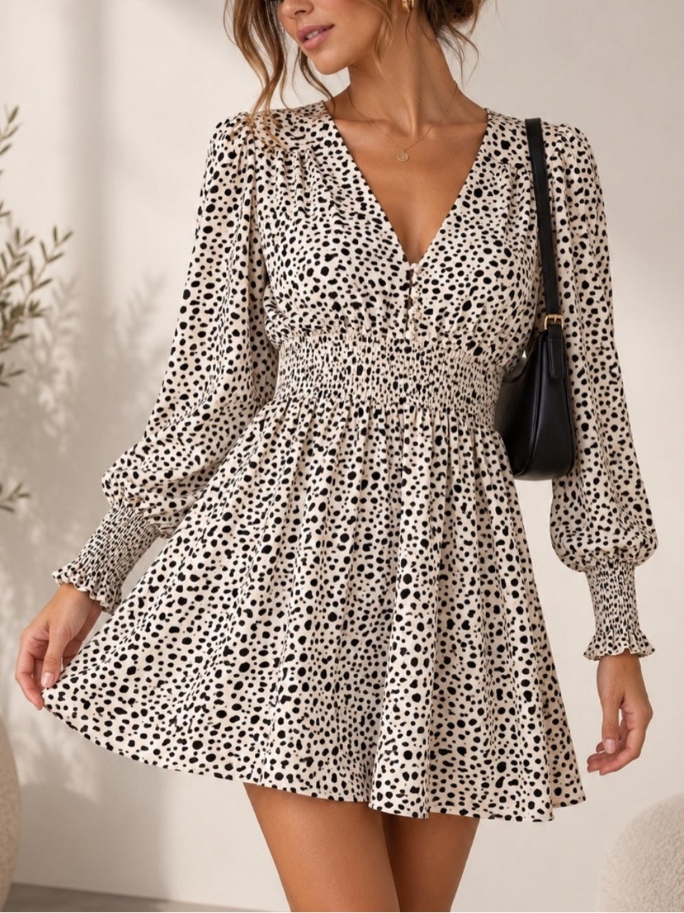 Steve Madden BB Dakota Dalmatian Print Smocked Mini Dress Cottagecore S
